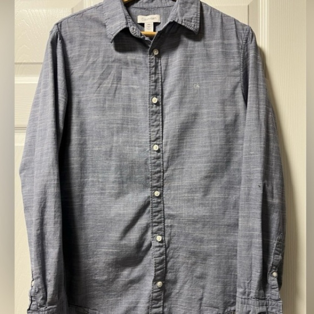 Like New Calvin Klein Men's Button Front Dress Shirt, Grey & White Linen-Like, L